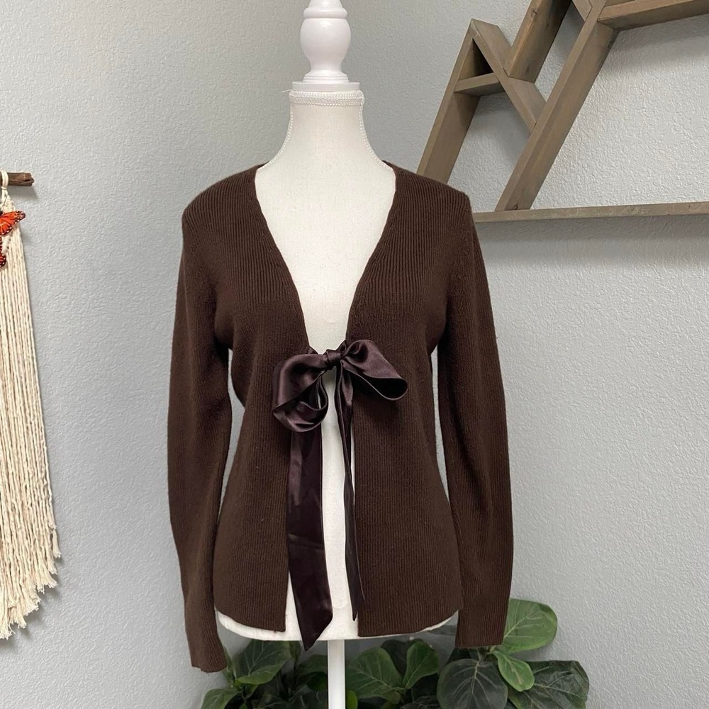 CROFT & BARROW BROWN KNIT CARDIGAN OPEN FRONT SATIN BOW TIE COQUETTE MORI KEI